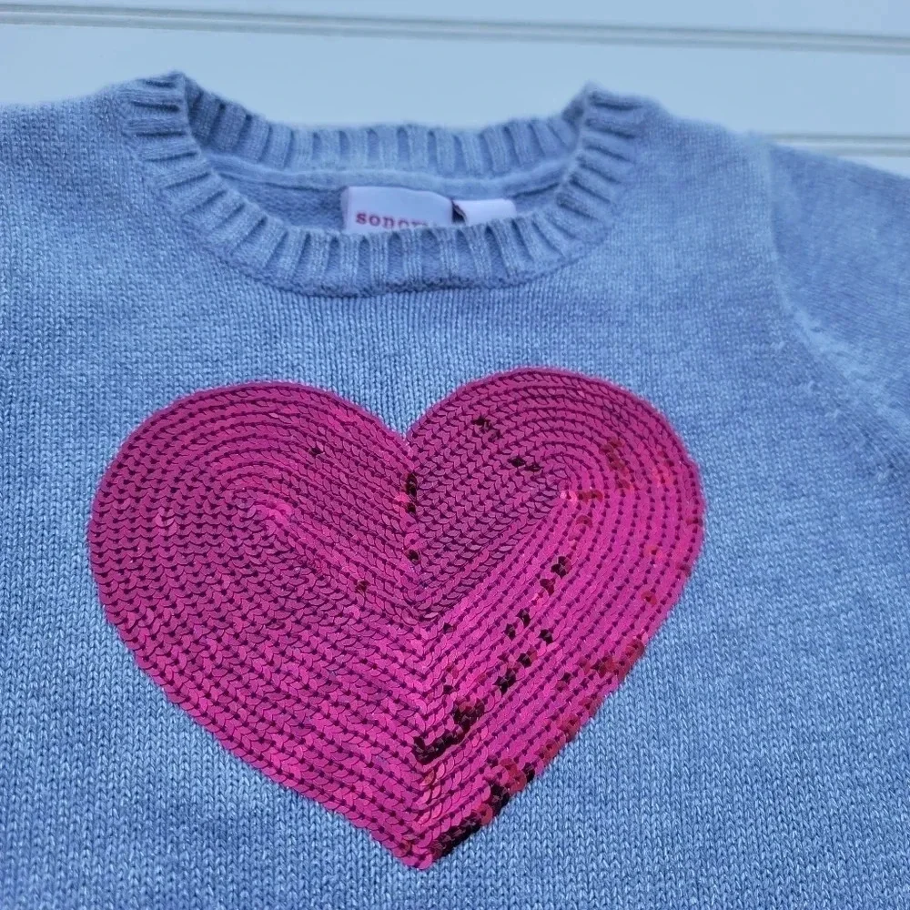 Sonoma Girl's Silver Gray Pink Short Sleeve Sweater Dress Heart Sequin Pockets 5